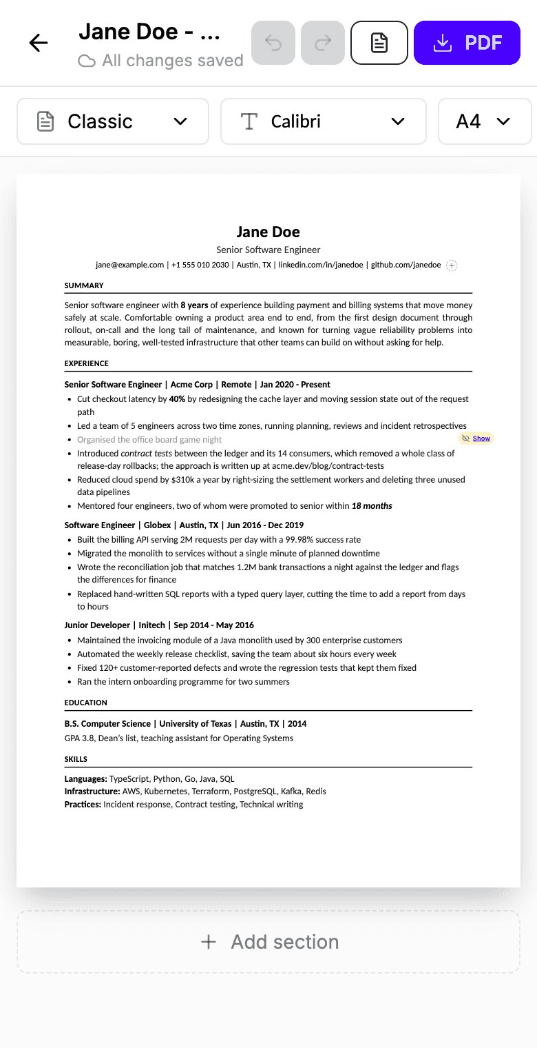 The editor at phone width: the resume page with the template, font and paper size controls above it, and the PDF download button.